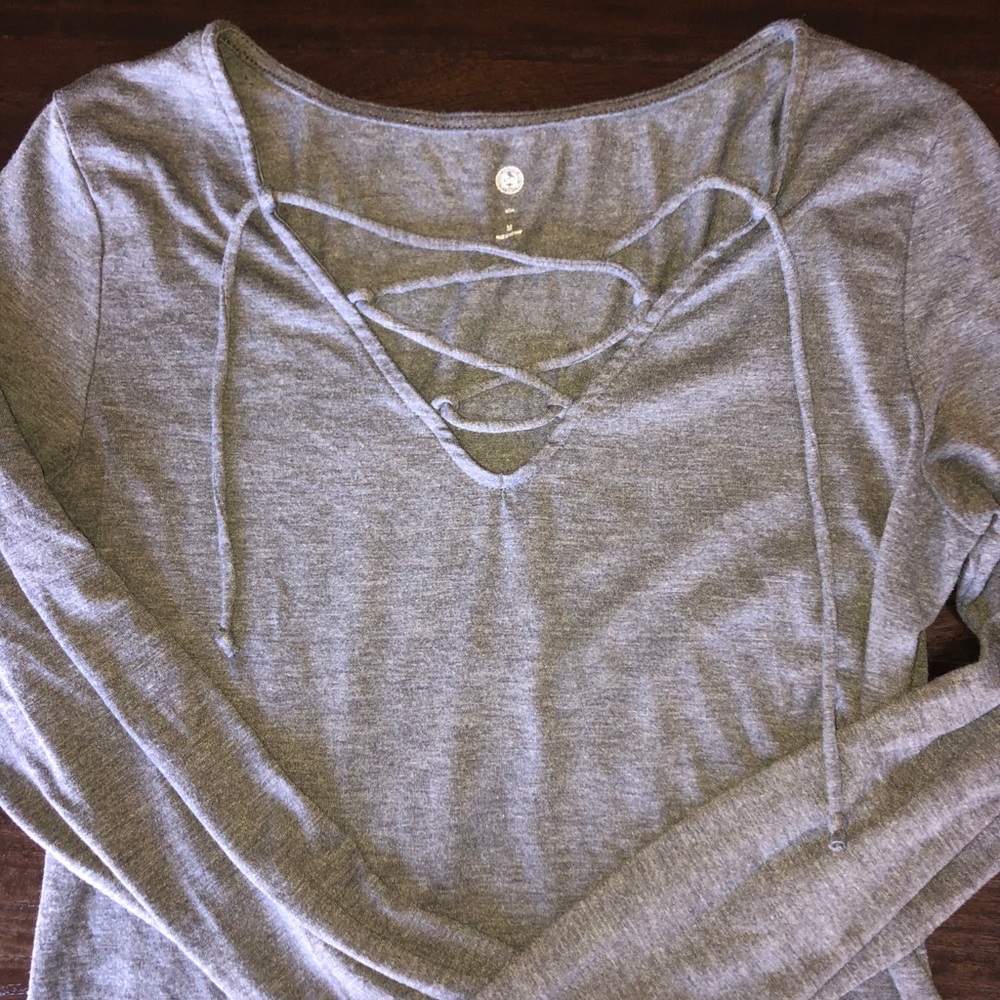 Gray lace up long sleeve top